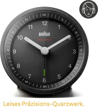 Classic analog radio alarm clock by Braun for the Central European Time Zone (CET/GMT+1) with snooze function and light, quiet movement, crescendo alarm in black, model BC07B-DCF