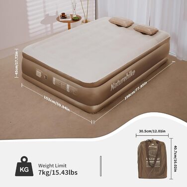 Надувний килимок Naturehike для кемпінгу та дому (190x100x45 см) з акумуляторним насосом - самонадувний, легкий, зручний, для 1-2 осіб (колір: коричневий)
