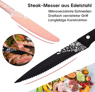 36-Piece Rose Gold Flatware Set for 6 People, HONKKU Stainless Steel Cutlery Set with Steak Knives, Polished Mirror Finish Cutlery Set with Floral Patterns, Fork Spoon Knife Set Dishwasher Safe