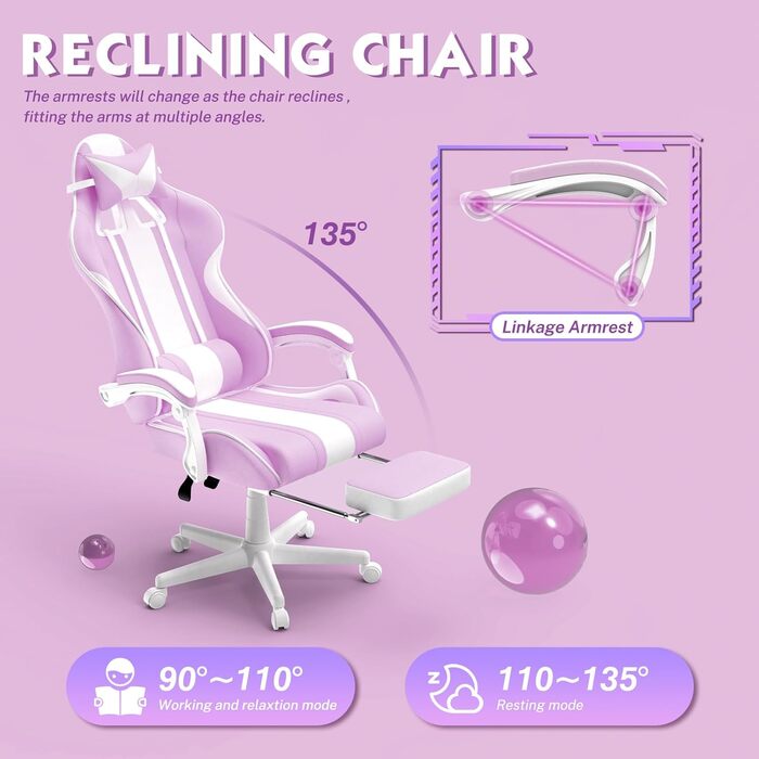 Ergonomic Gaming Chair with Footrest - Racing Style PC Gaming Chair with Headrest, Lumbar Support & Bunny Ears (Violet)