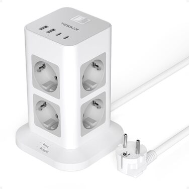 Розподільник розеток TESSAN з 8 розеток, 2 USB-C, захистом від перенапруги, 4 USB, вимикачем та кабелем 2м (сірий/білий)