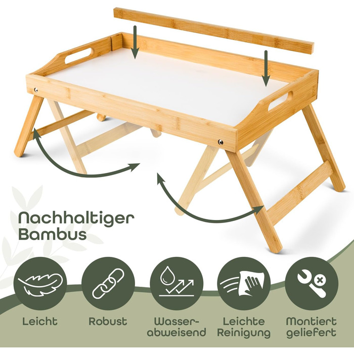 Бамбуковий приліжкові столики Blumtal з дерев'яною підпоркою для планшетів/телефонів - піднос для сніданку в ліжко - складаний приліжкові столики 50 x 30 x 6 см - сервірувальний піднос на ніжках - стійкий приліжкові столики (Білий)