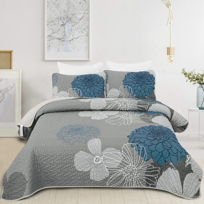 Tagesdecke WONGS BEDDING 220x240 см з квітами: тепла літня ковдра для двоспального ліжка з мікрофібри та 2 наволочками 48x75 см