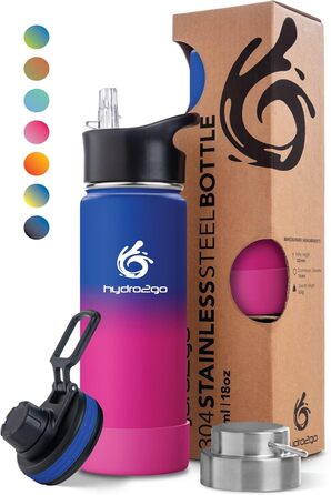 Термофляга Hydro2Go Edelstahl 530 мл (Passion) – нержавіюча сталь, BPA-free, 12 год. гаряче/24 год. холодне, 3 кришки