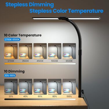 LED настільна лампа Doppelkopf з регулюванням яскравості, 24W, 80см, з кріпленням, захист для очей, денне світло, пульт дистанційного керування, 10 кольорів, 10 рівнів яскравості, USB, для дому та офісу