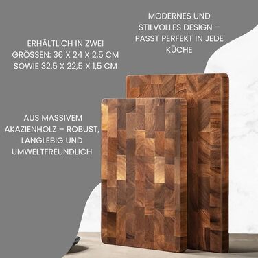 Premium Cutting Board made of Solid Acacia Wood - Antibacterial Wood & Dishwasher Safe - Ideal Kitchen Board for Hobby and Professional Chefs - 32.5 x 22.5 x 1.5 cm