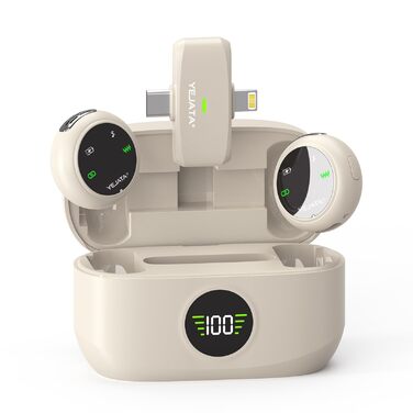 Мікрофон 2-в-1 для iPhone та Android з шумозаглушенням, кейс на 40 годин, магнітна застібка та кріплення для інтерв'ю, 25 метрів (Бежевий)