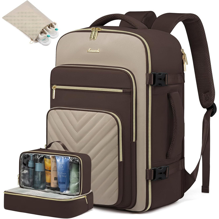 LOVEVOOK Рюкзак для ручної поклажі, 40L, рюкзак для жінок, водонепроникний, відділення для ноутбука 17 дюймів, для подорожей, роботи, хайкінгу, оливково-зелений/бежевий