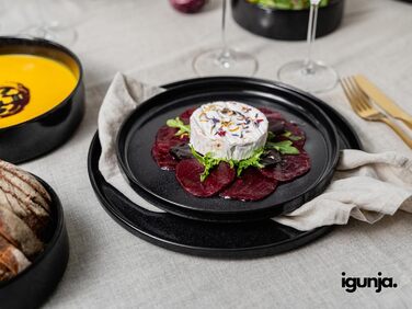 Igunga Stoneware Dinnerware Set - 12 Piece Service for 4 | Reactive Glaze, Matte Black & Glossy Interior Bowls | Premium Handcrafted Tableware