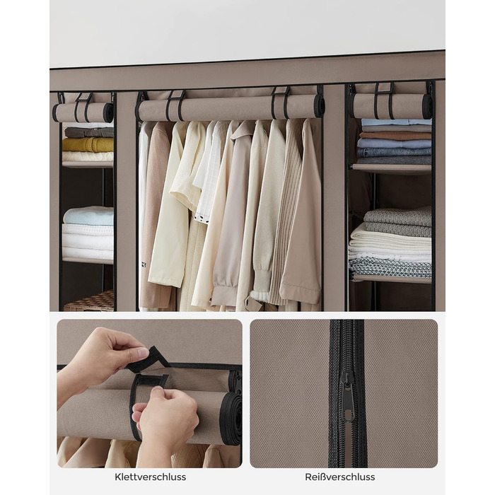 SONGMICS Wardrobe, Fabric Closet, with Clothes Rail and Shelves, Fabric Cover, for Bedroom, Dressing Room, 150 x 45 x 175 cm, LSF03H (Taupe)