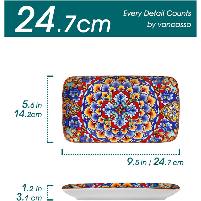 Vancasso Serving Plates, Porcelain, SIMI Rectangular Plate Set, 6-Piece Bohemian Dinner Plates, Dessert Plates for 6 People, 24.7 x 14.2 x H 3.1cm