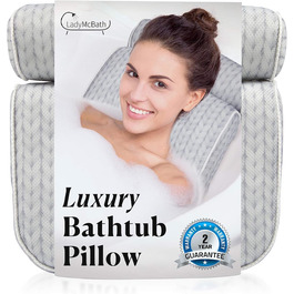 Lady McBath Bathtub Pillow – Luxury Bathtub Pillow for Tub, Neck and Back Support, Powerful Suction Cups, Machine Washable, Bathtub Accessory for Relaxation (Turquoise) (Pillow - Grey)