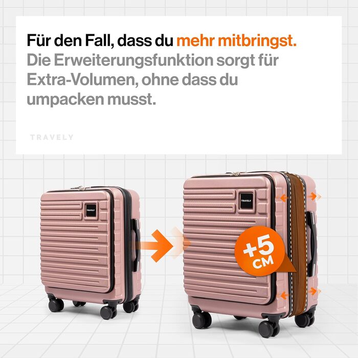 Чемодан Travely з полікарбонату, 77 см, XL, 100 л, з TSA-замком, рожеве золото. Розмір у зібраному вигляді: 158 см.