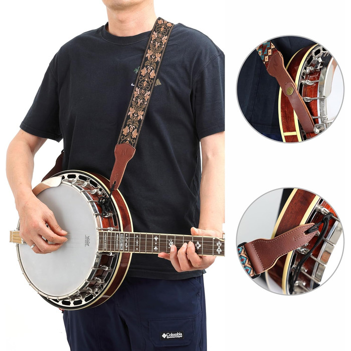 Гітарний ремінь Nefelibata Banjo-Gurt, 5,1 см, повна шкіра з нубуку, вишивка золотими квітами