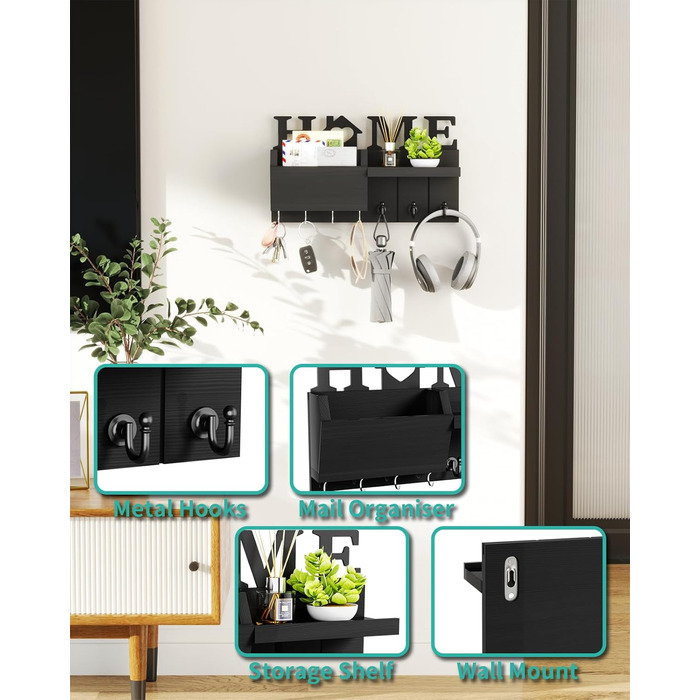 Держатель для ключів HapiRm з декором HOME, дерев'яне ключникове дошка з 7 гачками, з полицею. Підходить для входу, дверей, коридору, спальні, офісу (чорний)