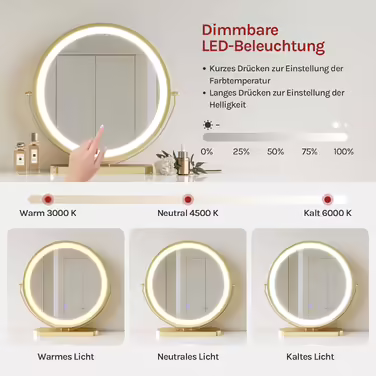 WOLTU Vanity Table with Mirror and Stool, Dressing Table with 3 Drawers Made of Solid Wood, Large High-Gloss Tabletop, Modern Cosmetic Table from Velvet and Metal, White, MB6080gr (Grey, 100x40cm with LED Lighting)