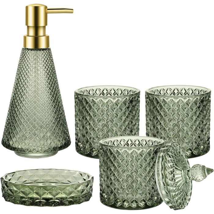 Набір аксесуарів для ванної кімнати зі скла, 5 предметів, зелений, вінтажний стиль. Включає: миловарку, 2 склянки, тримач для зубних щіток, миловарку та піднос для мила.