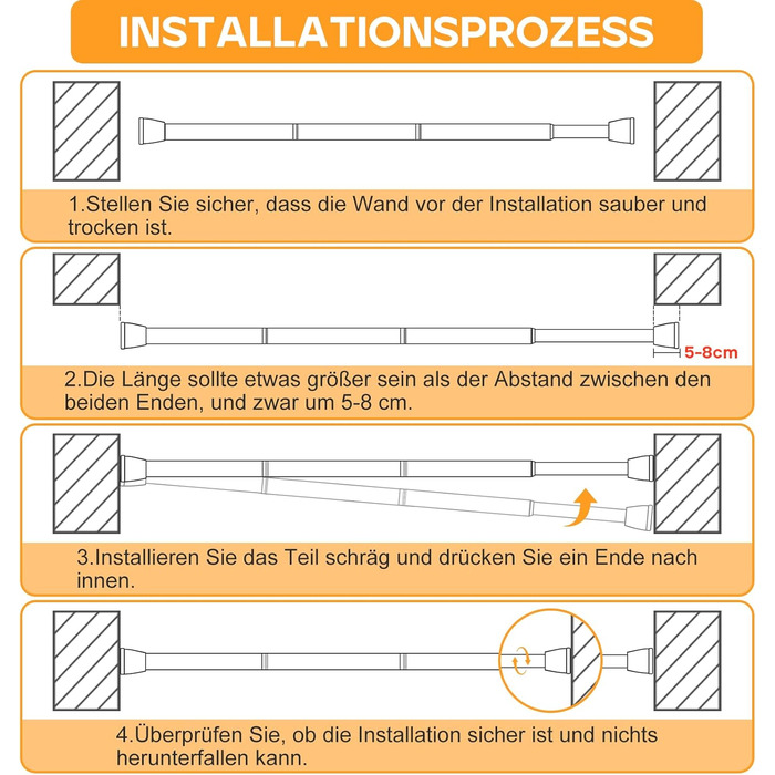 Тelescopic штанга для карнизів без свердління 120-200 см - для штор, душових перегородок, вікон, ванної кімнати (1 шт., чорний)