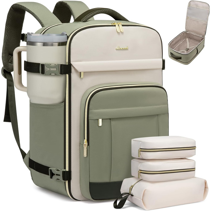 Рюкзак LOVEVOOK для подорожей: 40L, для ноутбука 17 дюймів, водонепроникний, для жінок, підходить для авіаперельотів, робочі поїздки, бізнес, вихідні. Колір: хакі (світло-зелено-бежево-оливковий)