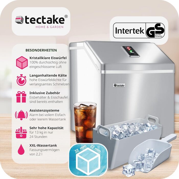 TecTake Professional Ice Cube Machine, Ice Cube Maker for Clear Ice Cubes, Ice Cube Maker, 13 Kg 24 h, 2.2 Liter Water Tank, 24 Ice Cubes per Cycle, incl. Ice Bucket and Ice Scoop - Silver