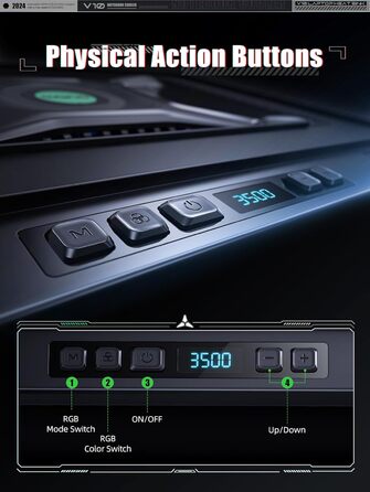 Підставка охолодження для ноутбука RGB з потужним вентилятором 4.72'', швидке охолодження для комп'ютерів 13-17,3'', керування клавішами, 3 регульовані підставки, 4-портовий USB C&A, чорний