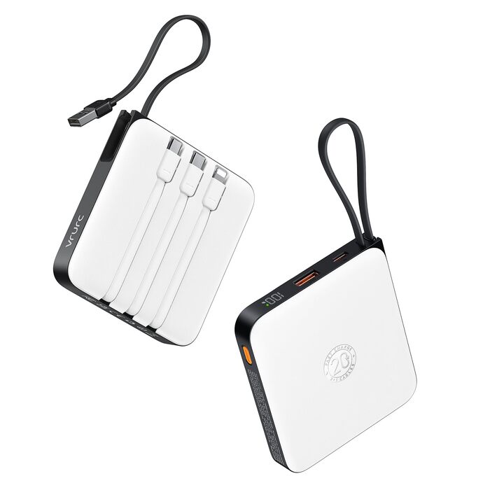 Power Bank VRURC 20000mAh з кабелем USB-C 22.5W QC3.0 – портативний акумулятор для iPhone, Huawei та смартфонів (білий)