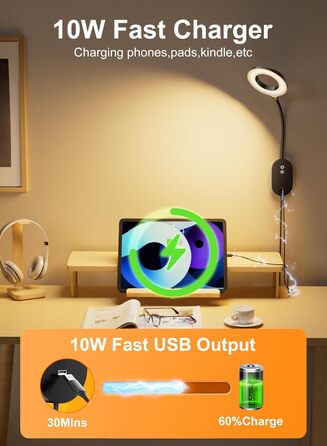 Світлодіодна настільна лампа для читання з USB, 10W, 4 режими кольору, димування, функція автовимкнення, чорна