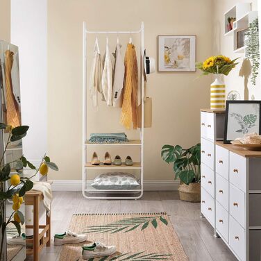 VASAGLE Coat Rack, Coat Stand, Clothes Rail, with Shoe Storage, Shoe Shelf, Entryway, Bedroom, 58 x 28 x 181 cm, Scandinavian, Matte White-Gold Oak