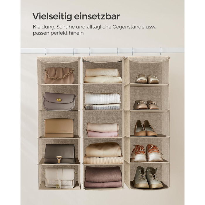 Органайзер для шафи SONGMICS, Hängeorganizer, складний, з металевими гачками та бамбуковими вставками, бежевий, 2 шт.