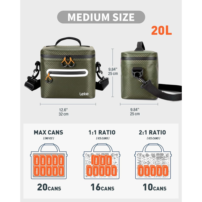 Lekesky 20L Ізольована Сумка-Холодильник – Переносна, Водонепроникна Сумка для Пікніка, Походу, Пляжу, Грилю (B-армійний зелений)