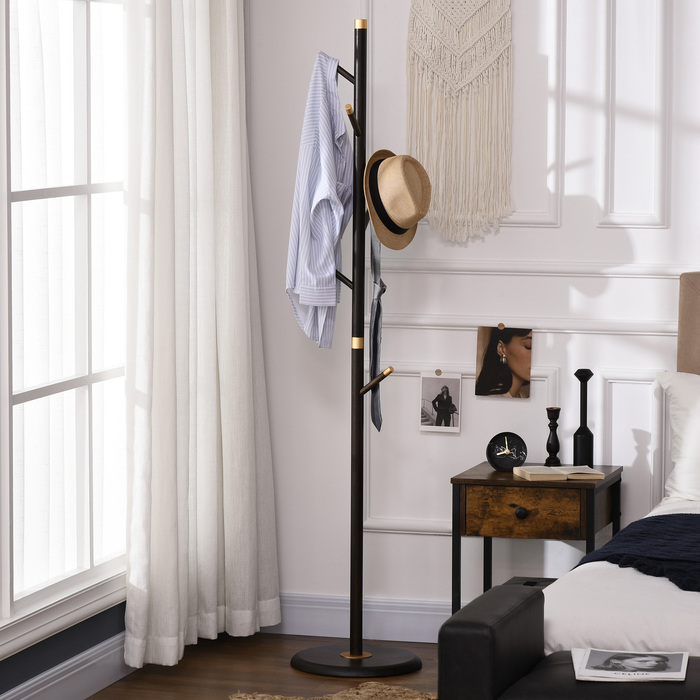 HOMCOM Coat Rack with 6 Hooks, Walnut Finish Metal Clothes Rack, Freestanding Coat Stand for Entryway, 36x36x180cm
