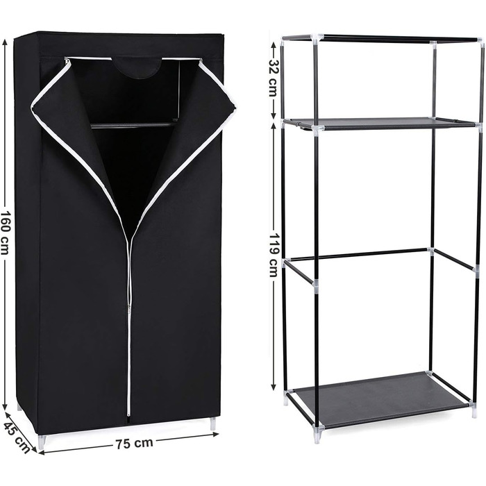 SONGMICS Fabric Closet, Foldable, with Clothes Rod, Simple Closet, Toy, Shoe, Bag Organizer, Living Room, Bedroom, Wardrobe, 75 x 45 x 160 cm, (Black)