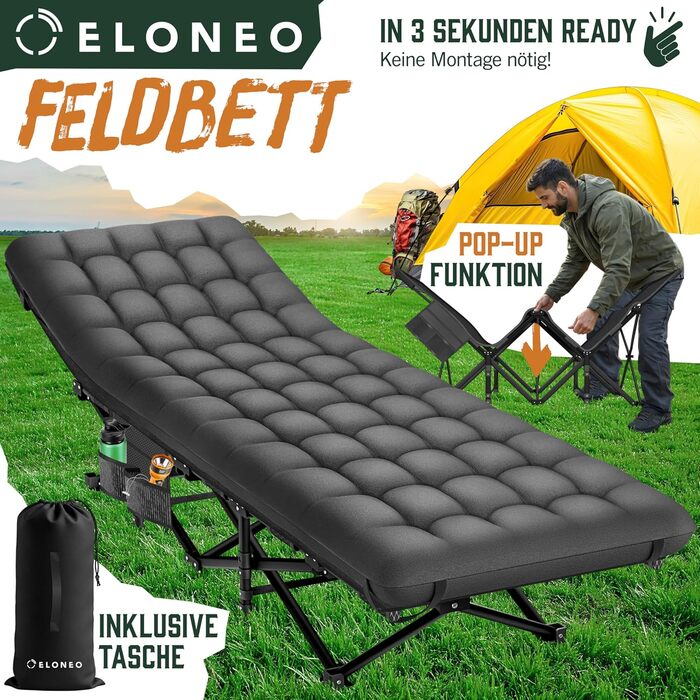 Ліжко кемпінгове розкладне ELONEO NEU Преміум з навантаженням до 200 кг | Гостьове ліжко, лежак для відпочинку в приміщенні та на вулиці | З сумкою для транспортування (Антрацит)