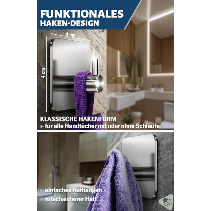 Набір гачків самоклеючих, 4 шт, нержавіюча сталь, для ванної кімнати, кухні, з водонепроникними клейкими подушечками