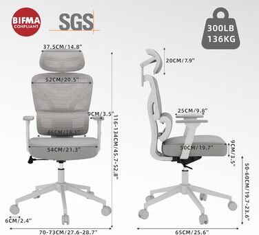 Ергономічне крісло для офісу та геймінгу з регульованою підголівником та 3D підлокітниками, підтримкою попереку, сіре