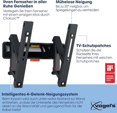 Vogel's Tilt TV Wall Mount for 32-65 Inch TVs - 25kg Capacity, VESA 400x400, Universal Compatibility