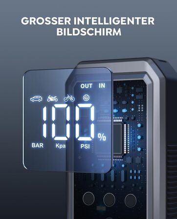 Портативний пусковий пристрій YaberAuto YA70 з компресором 150 PSI, акумулятором 21800 mAh та світлодіодним ліхтарем 300 люменів. 4-в-1: пусковий пристрій, павербанк, компресор та ліхтар з LCD екраном.