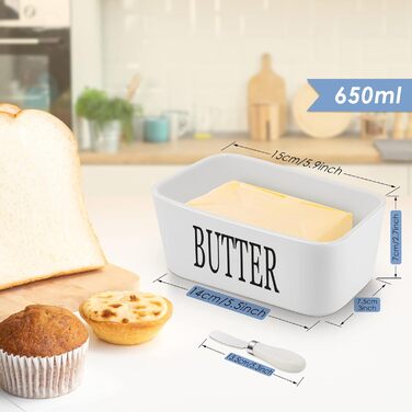 Large butter dish with lid and knife, European size, porcelain butter container, butter box for butter, nuts, cheese, 650 ml