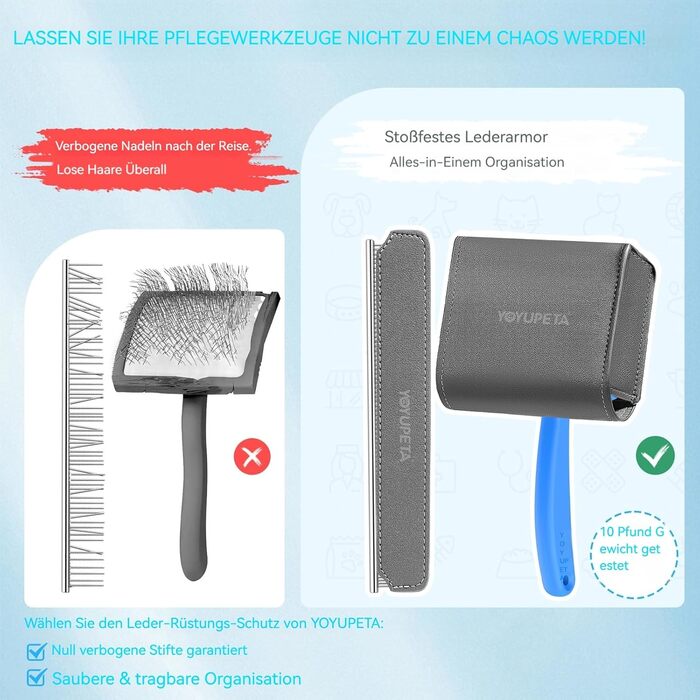 Набір щіток та гребінців для собак та котів з довгим хутром – Slicker Brush & Comb Set – 25 мм нержавіючі шпильки проти підшерстка та ковтунів – дерев'яний руків'я та шкіряний чохол – ідеально для Голден Ретріверів та Мейн Кунів (Блакитний)