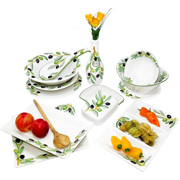 Handmade salt and pepper shaker set from Italian ceramic, 3-piece in olive green design with tray, size 14x8 cm