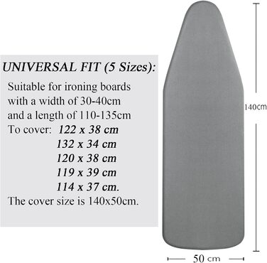 Чохол для гладильної дошки, 140 x 50 см, великий, з бавовни 100%, товстий, антиковзкий, сірий, XXL