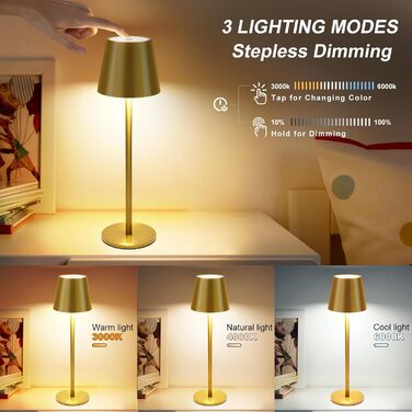 Світлодіодна настільна лампа бездротова з сенсорним керуванням, USB-C, димування, акумуляторна, 3 режими світла, регульована висота, IP54 водонепроникна, золота. Для ресторану, спальні, бару, вулиці