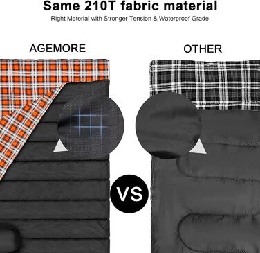 Cotton Flannel Double Sleeping Bag for Camping, Hiking, and Backpacking - Queen Size 2 Person Waterproof Sleeping Bag for Adults & Teens - Lightweight (Black/Orange)