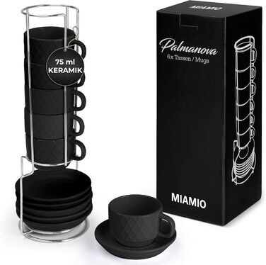 MIAMI – 6 x 75 ml Espresso Cups/Espresso Cup Set with Stand Stoneware Ceramic - Palmanova Collection (Black)