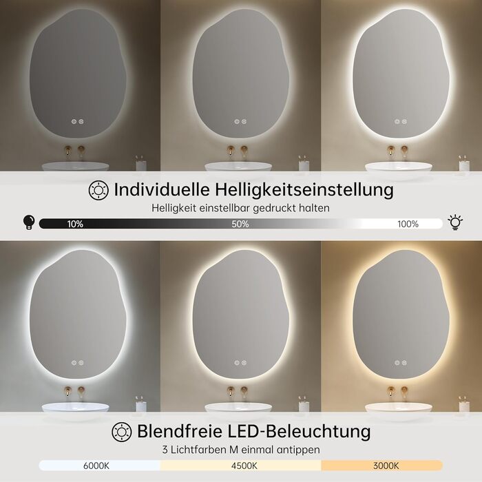 Дзеркало для ванної кімнати з підсвічуванням, арочне, без рами, 50x75 см. Антизапарник, сенсорне управління, регулювання яскравості, 3 кольори світла