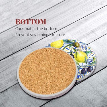 Drink coasters, set of 6, yellow lemon, fruit, blue ceramic tiles, pattern, absorbent, square, ceramic stone mat, with cork backing and metal holder, housewarming gift, (lemon)