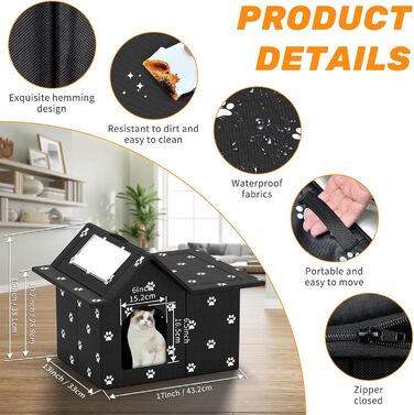 Кіт Будинок для Зовні Зимостійкий, Будинок для Вуличних Кішок з Знімними Подушками, Захист від Холоду для Тварин з Завісою на Дверях, Легко Збирається, Зелений (Чорний, 33 x 38 x 43 см)