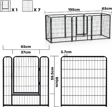 Вольєр для цуценят Freigehege для собак, розкладний, 6 перетичок, вольєр для тварин з дверцятами, 65x80 см, вольєр для собак, внутрішній/зовнішній, матовий чорний, 65x80x6 шт.