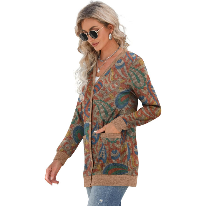 Жіночий в'язаний кардиган Grecerelle з довгими рукавами, V-подібний виріз, з кишенями та ґудзиками, м'який, довгий, стильний, з візерунком пава, червоний (S)