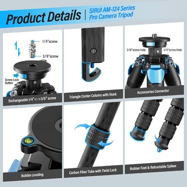 Штатив SIRUI AM124 Carbon з кульковою головкою AM01, легкий туристичний штатив, сумісний з Acra, водонепроникний, 159 см, навантаження 12 кг